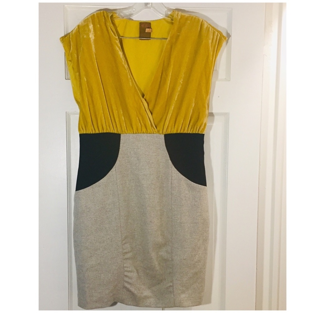 Ali Ro Velvet and Tweed Mixed Dress 10 yellow
